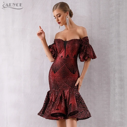 Wine Red Женское вечернее платье ADYCE, облегающее платье миди с коротким рукавом, вырезом-лодочкой и открытыми плечами в стиле звезд, для лета - Цвет: Wine Red
