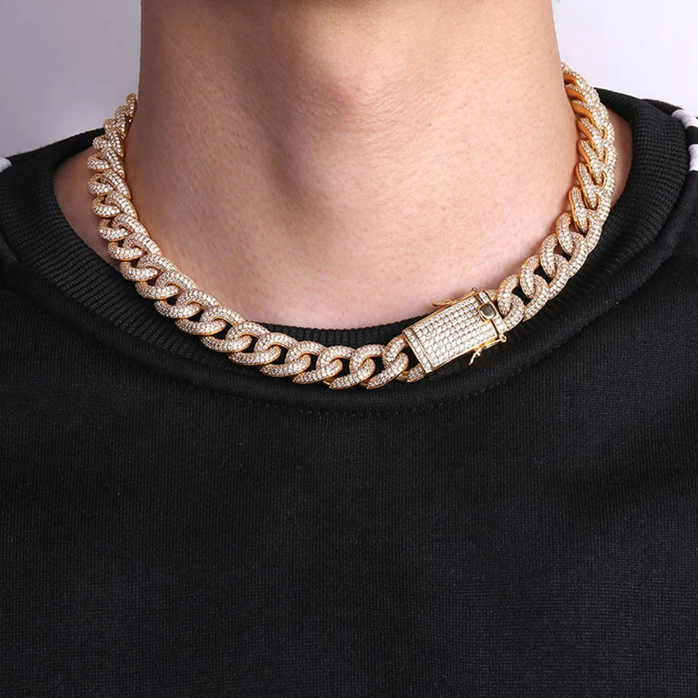 Для мужчин 15 мм круглый тяжелый Iced Out AAA CZ Майами Кубинский ссылка цепочки и ожерелья колье Bling золотая, серебряная цепочка 1" 22" хип хоп ювелирные изделия