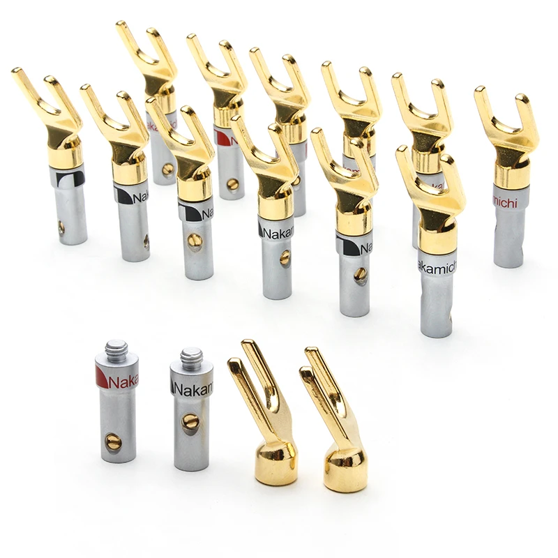 Купи 12PCS/lot Speaker Banana Plug Nakamichi Y/U Type Silver Gold Plated Copper Fork Male Plugs Adapter Spade Cable Wire Connectors за 740 рублей в магазине AliExpress