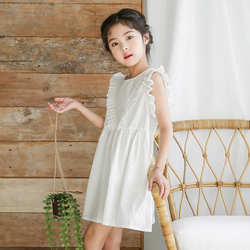 2019 летние костюмы для девочек платье без рукавов белое платья От 5 до 14 лет День