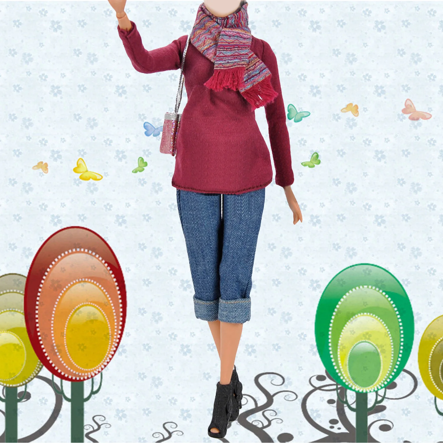 6 шт. зимняя мини кукла свитер топы штаны пальто солнцезащитные очки обувь на