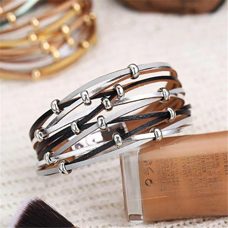 Женский многослойный браслет из кожи с бусинами|Цепочки и браслеты| |