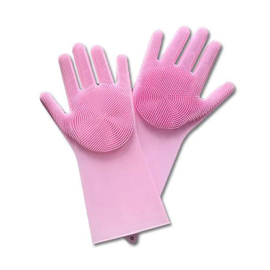 Pink 1 пара Волшебные многоразовый силикон перчатки Чистящая Щетка скраб перчатки термостойкие для посуды мойка Чистка Уход за волосами домашних животных J#1 - Цвет: Pink