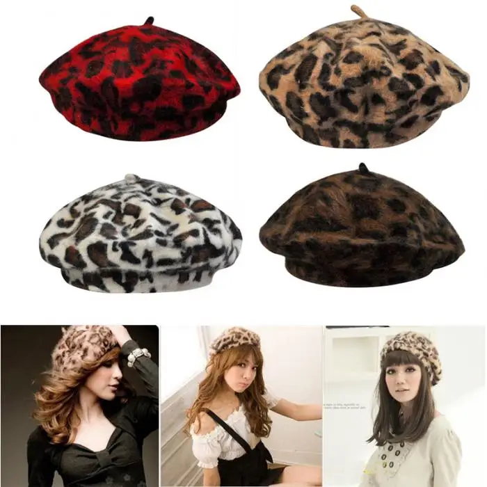 Women Winter Beret Hat Leopard Pattern Warm Bannie Cap for Outdoor FDC99