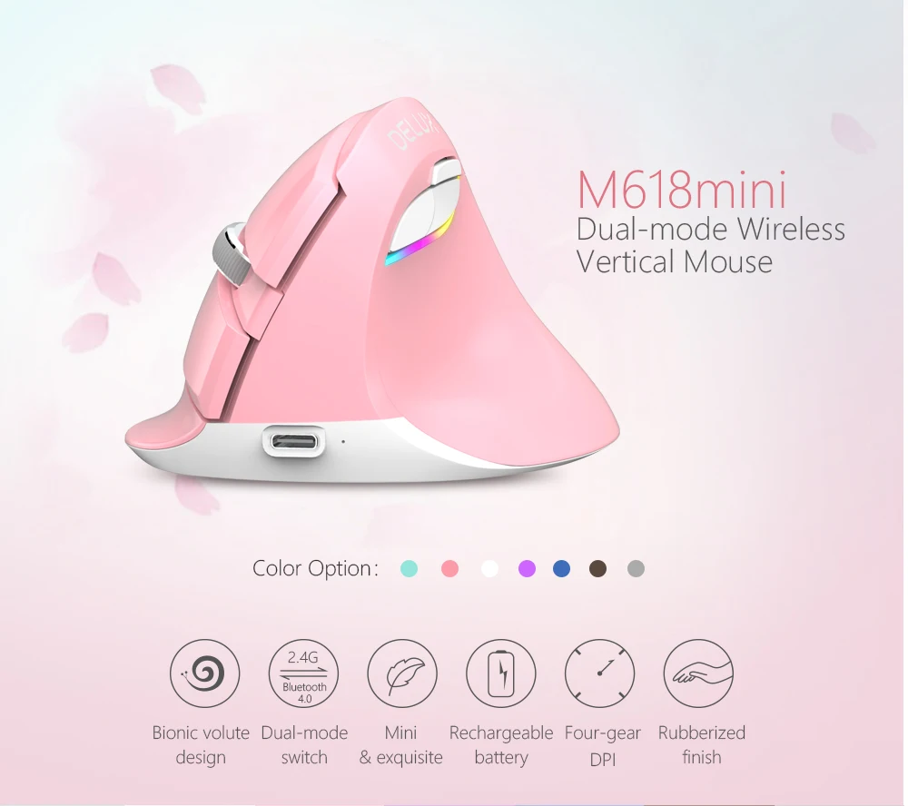 Delux M618 мини эргономичная мышь беспроводная Вертикальная мышь Bluetooth черная 2,4 ГГц RGB перезаряжаемая Бесшумная мышь для офиса