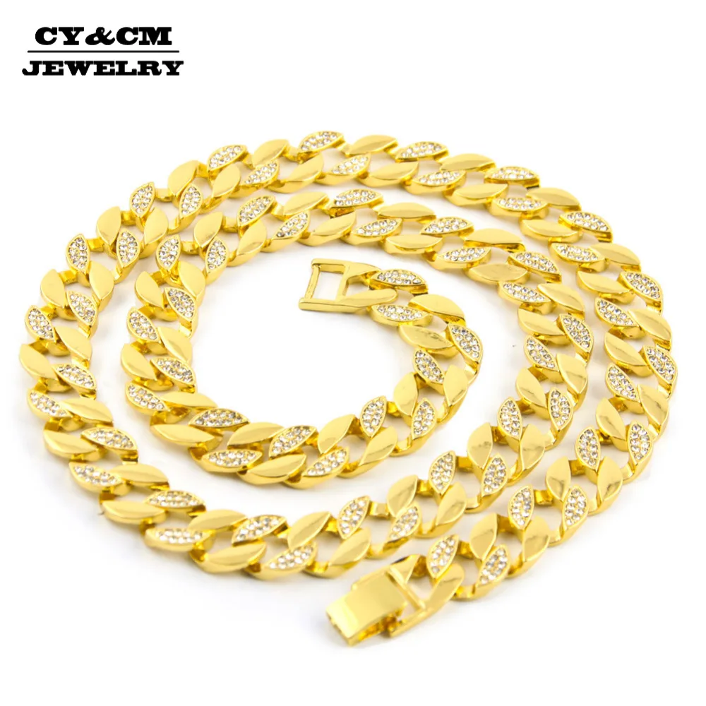 

Rapper HipHop Men Necklace Gold Silver Color Bling Bling Iced Out Half Rhinestone Miami Cuban Link Chain Punk Jewelry 15mm 30"