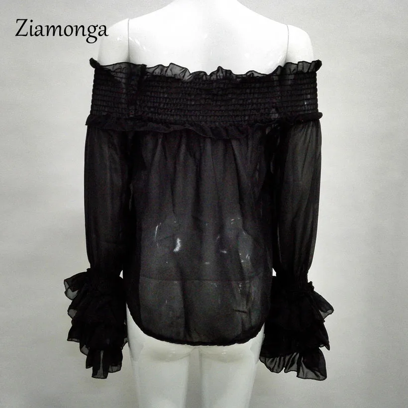 Ziamonga сексуальные блузки с открытыми плечами женские шифоновые топы пышными