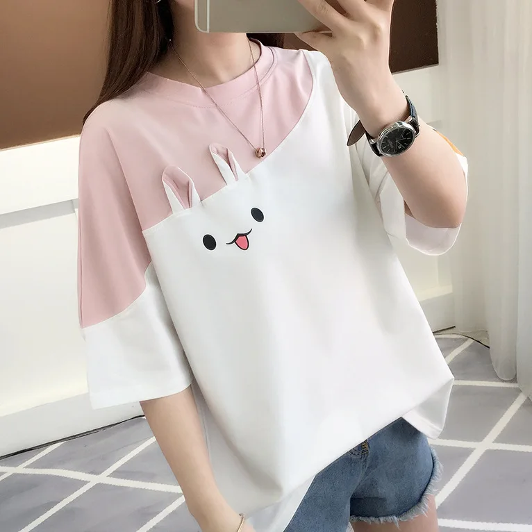 Гранж эстетика ulzzang friends harajuku rabbit tee kawaii 2019 женская футболка размера плюс Топы в