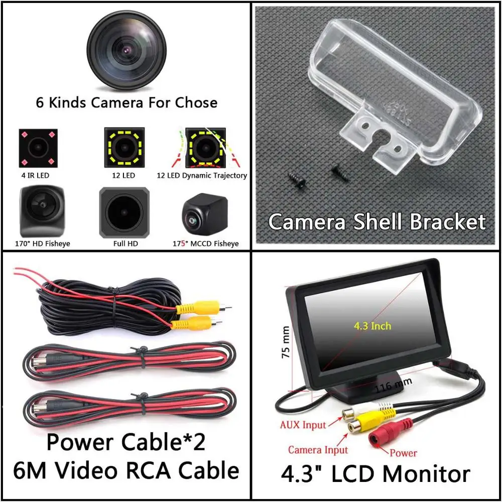 Camera 4.3 inch LCD 175 градусов MCCD рыбий глаз 12LED HD камера заднего вида для Toyota Camry Verso EZ 2012 Yaris Corolla Vios peugeot 206 207 307 407 - Название цвета: Camera 4.3 inch LCD
