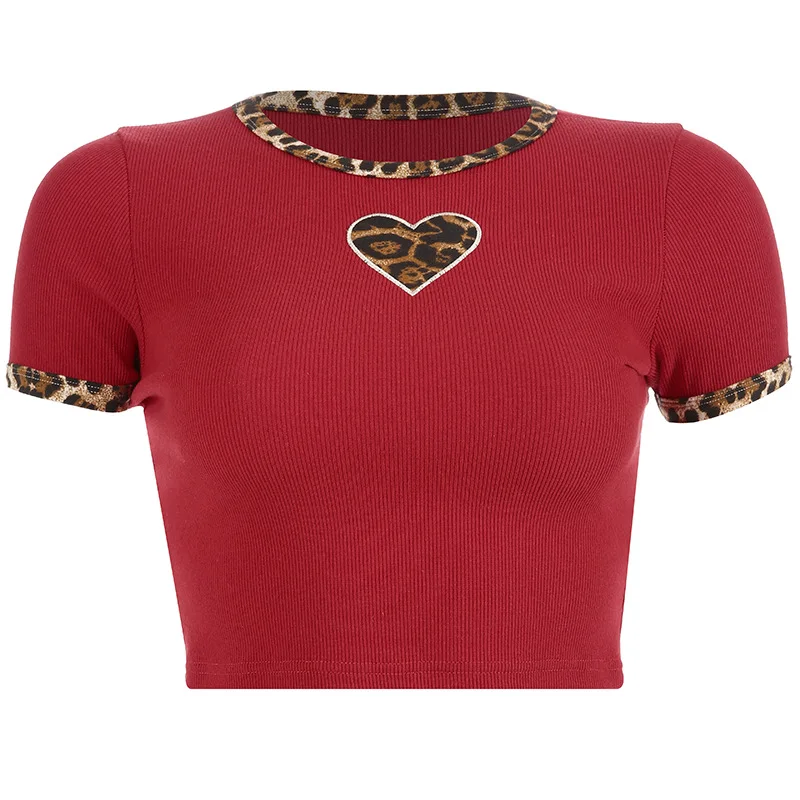 

Summer Leopard Love Heart Red Women Crop Top Ladies T-shirt Streetwear Casual Short Sleeve Crop Tops Female T Shirt Tee Woman