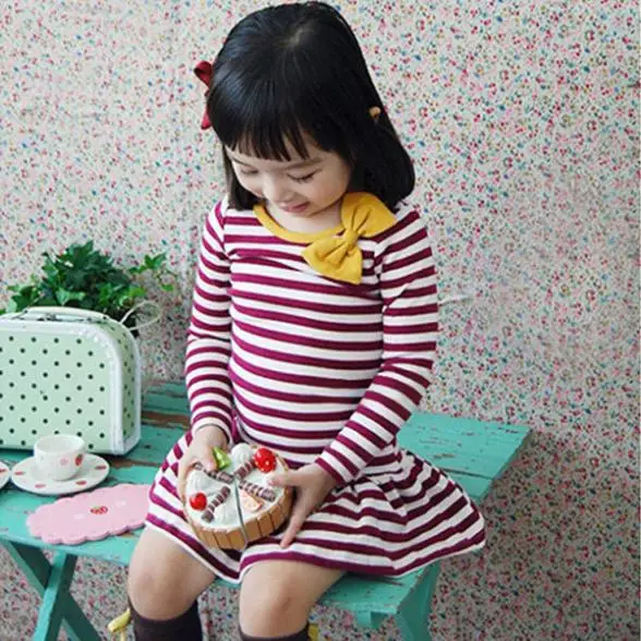 Hot Selling Kids Baby Girls Dress Long Sleeve Stripe Bow Tutu Dresses Party Costume Clothes | Детская одежда и обувь