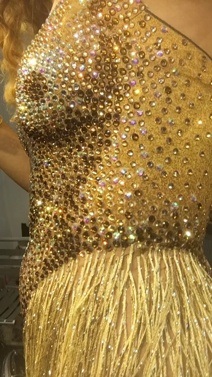 Sparkly Gold Rhinestone Tassel Sexy Bodysuit Bling Crystals Leotard Women's Celebrate Female Singer Stage Wear One Piece Costume