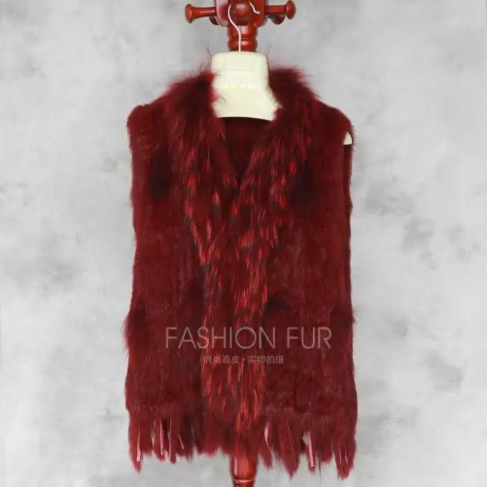 ZDFURS* Высокое качество Горячая Распродажа вязаный жилет из кроличьего меха воротник из меха енота вязаный жилет из кроличьего меха ZDKR-165005 - Цвет: Wine red