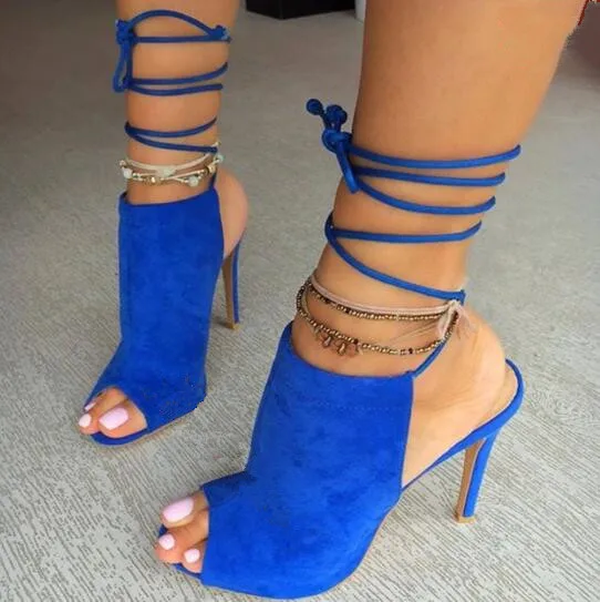Murah Plus Ukuran Euro 35-43 Cross-terikat Lace Up Sandal Untuk Wanita Peep Toe Slingbacks Stiletto Heels Suede Booties Ankle Boots 3 Warna
