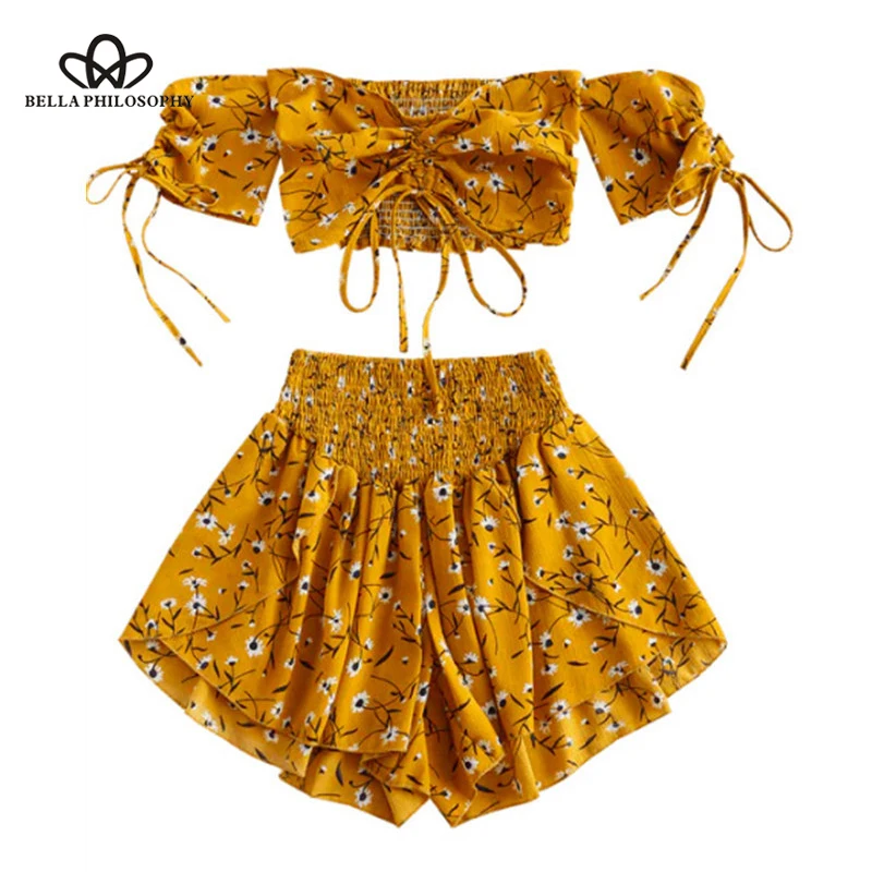 Пляжный костюм Boho Женский комплект с открытыми плечами и цветочным принтом