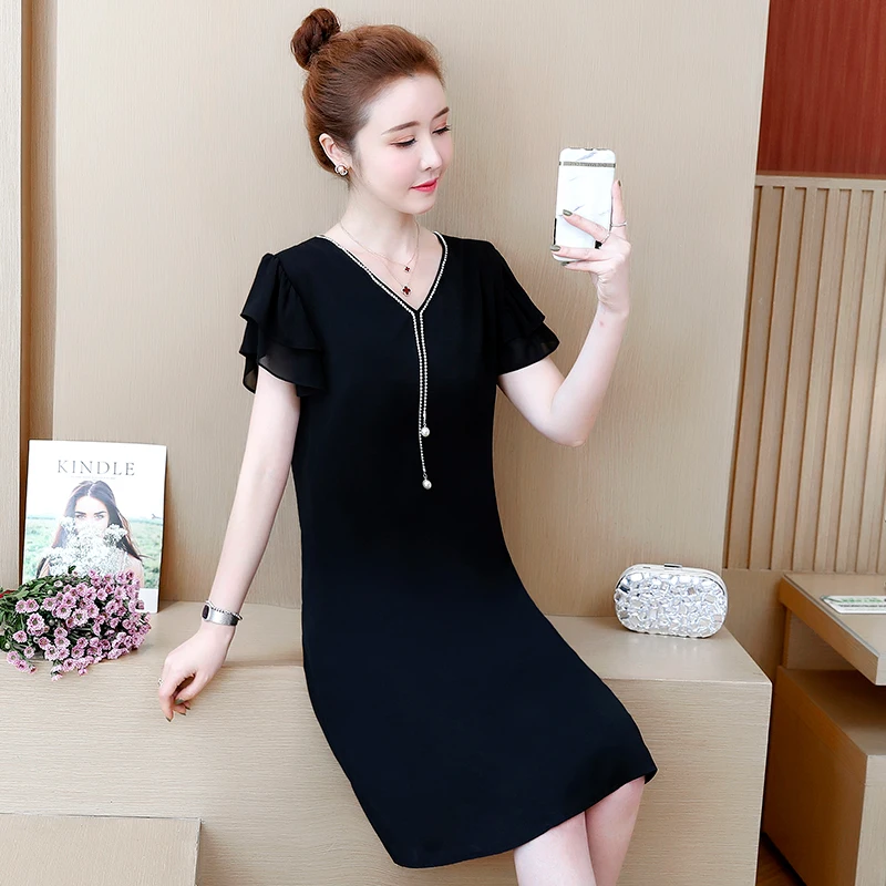 L-5xl Plus Size Elegant Beading Chiffon Dress Women Summer Fashion Short Butterfly Sleeve V-neck Tunic A-line Dresses Robe Femme | Женская