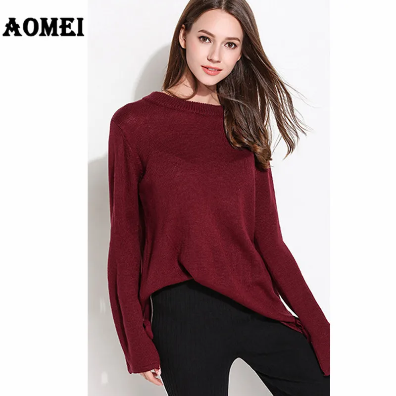 Women Knitting Tops Sweater Pullovers Blue Wine Red Split Long Sleeve Solid Casual Loose Clothing New Korean Fashion 2019 Autumn | Женская