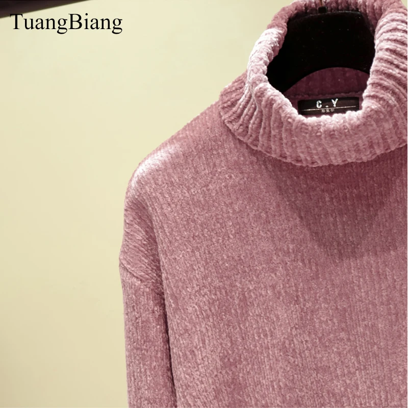 Chic Vintage Chenille Cashmere Womens Full sleeve Gold Velvet Sweaters Winter Ladies Solid Turtleneck Loose Female jumpers 2020 | Женская