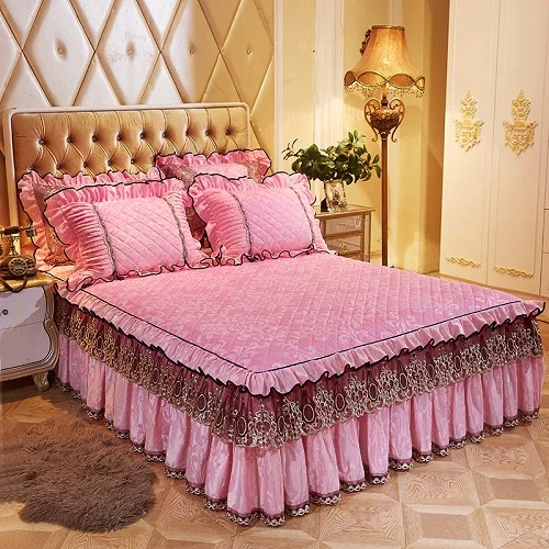 Pink Bedskirt Флисовая теплая кровать, юбка, покрывало, Твин, полный, королева, король, размер, простыня, покрывало, набор, фиолетовые, розовые, красные наволочки, кувертура де ЛИТ - Цвет: Pink Bedskirt