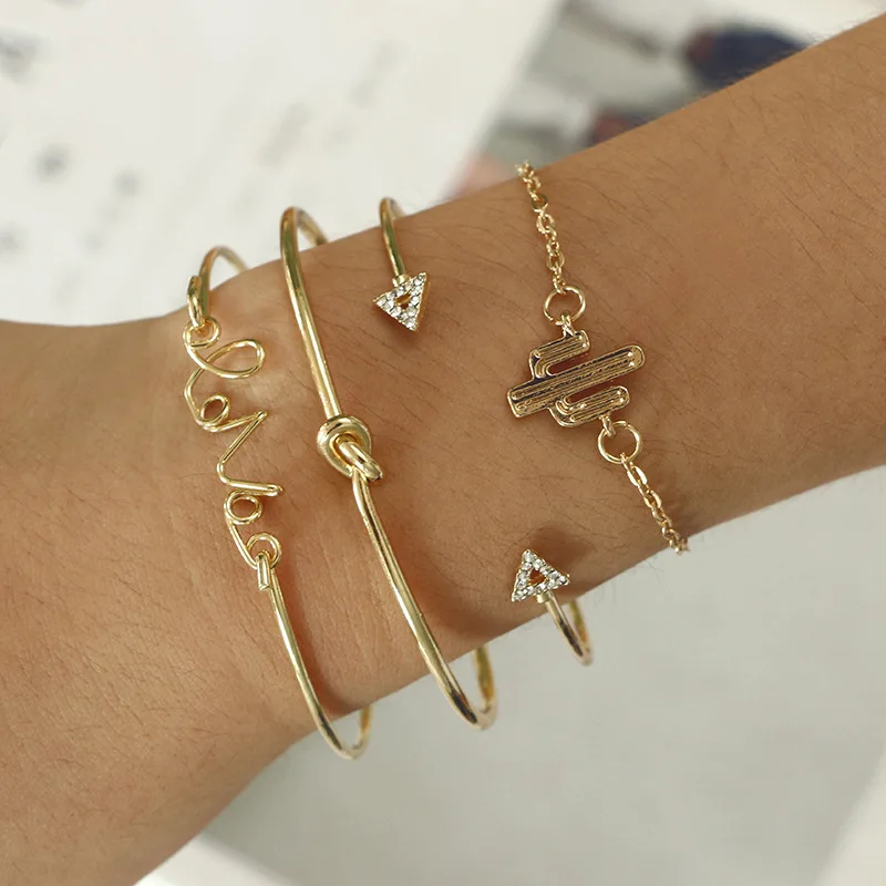 Tocona 4pcs/Set Bohemian Bangle Sets Crystal for Women Letter Knot Charm Hand Cuffs Gold color Bracelet Femme Gift 6116 | Украшения и