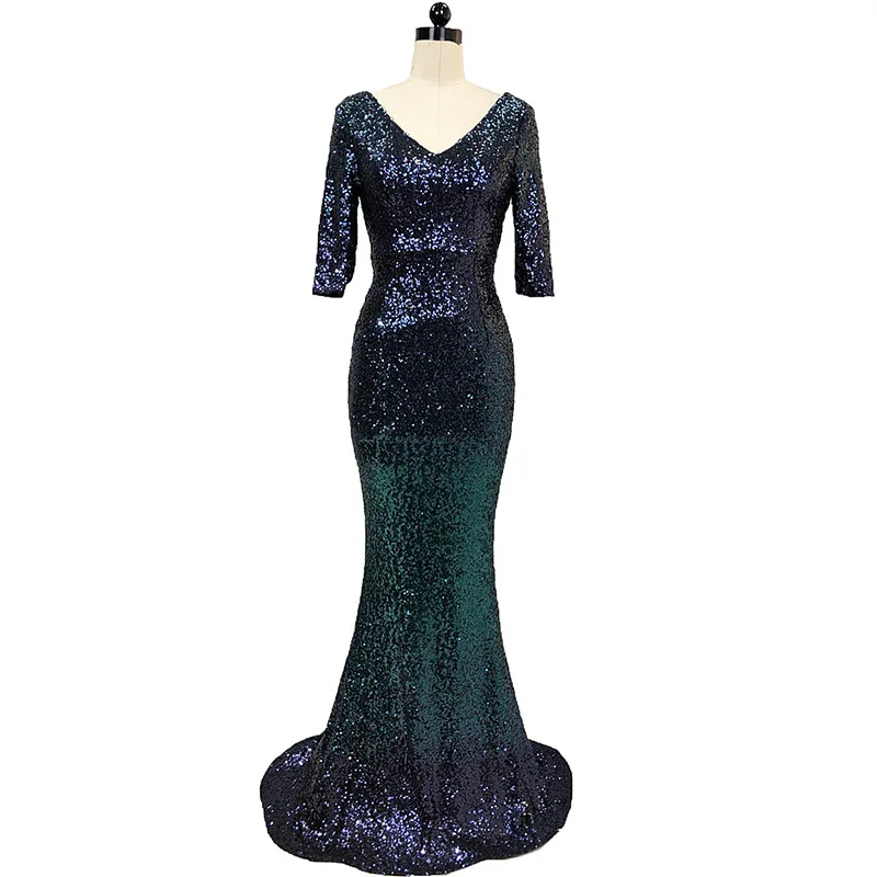 Зеленые блестки V шеи Половина рукава длинное платье русалка для вечеринки