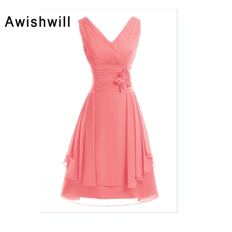 Многоцветный Vestido Festa Curto Casamento синий коричневый новейший v-образный вырез бюст с рюшами ручной работы цветок шифон Короткие платья подружек невесты для свадьбы - Цвет: Многоцветный