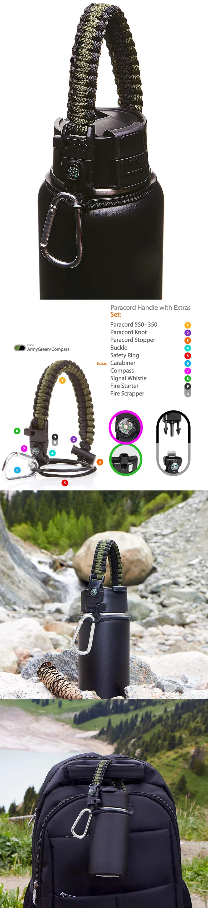 Paracord ручка для гидрофляги бутылка для воды для выживания с защитным кольцом Карабин компас подходит для бутылок с широким горлом 12 унций до 64 унций