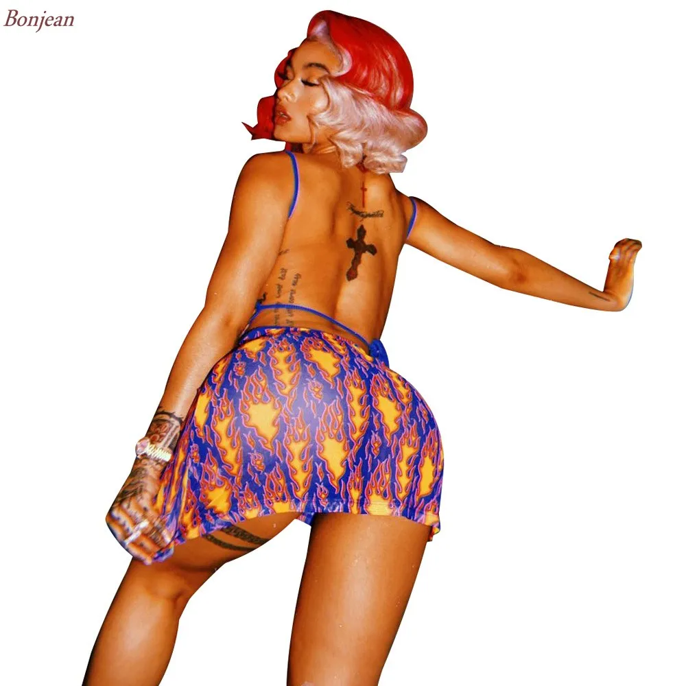 Сексуальное шифоновое Бандажное платье с открытой спиной и принтом пламени