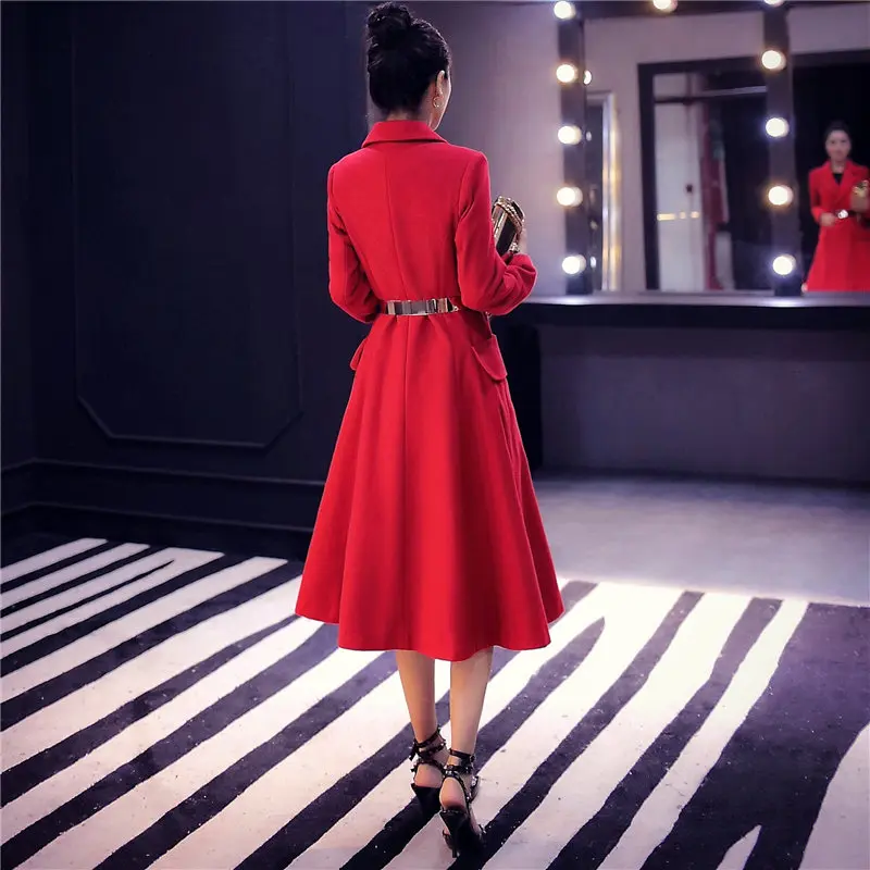 Красное шерстяное пальто 2019 зимнее женское элегантное длинное манто Femme модное