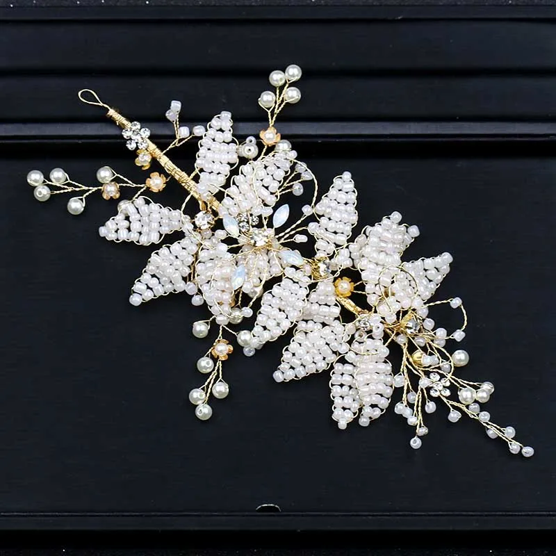 Женский венок из искусственного жемчуга FORSEVEN черно белый с листьями свадебный