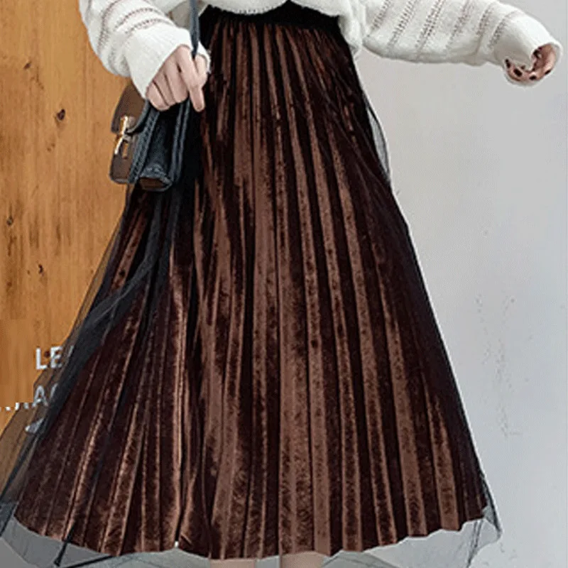 caramel colour Осенняя Женская бархатная юбка золотого цвета с высокой талией, облегающая длинная Плиссированная юбка размера плюс 4XL 5XL миди Saia черная зеленая повседневная юбка 172 - Цвет: caramel colour