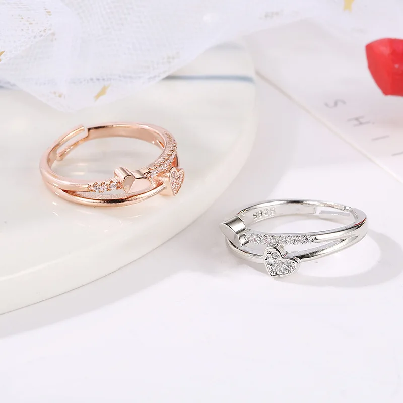1pcs Wholesale Lots Bulk Korean Alloy Double Heart CZ Gold Silver Color Adjustable Band Rings for Women Finger Jewelry | Украшения и