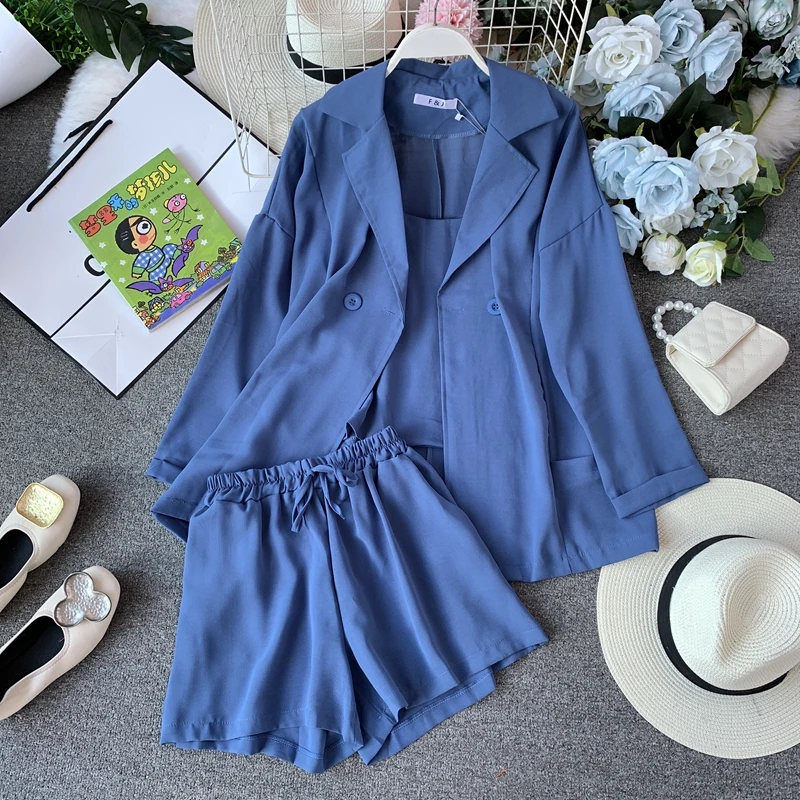 ALPHALMODA Лето Осень женский жакет с длинным рукавом+ топ на бретельках+ шорты повседневный комплект из 3 предметов женский однотонный наряд