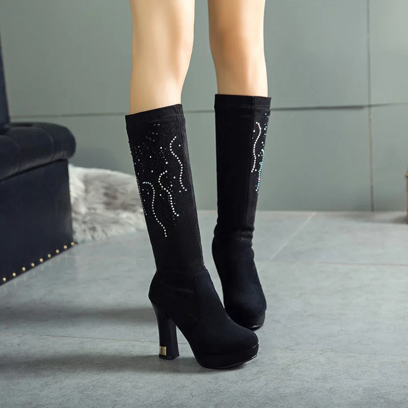 

Winter Women Long Knee High Boots Flock Nubuck High Heel Platform Short Plush Round Toe Solid Fashion Plus Size Shoes Crystal