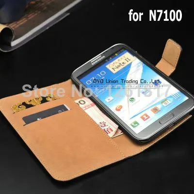 Black Genuine Leather Wallet Stand Case for Samsung Galaxy Note 2 II N7100 Mobile Phone Bag Cover with Card Holder Flip Book| |