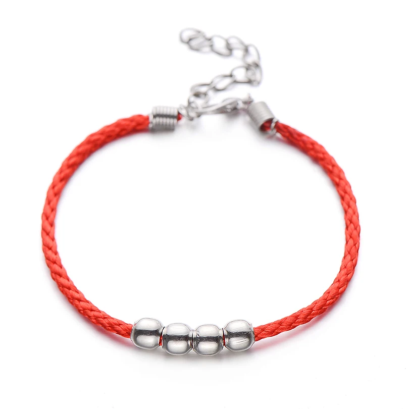 silver beads IYOE Gold Silver Color Tiny Heart Initials Name Letter Bracelet For Women Men Kids Hand Braided Red Rope Bracelets Couple Gifts - Окраска металла: silver beads