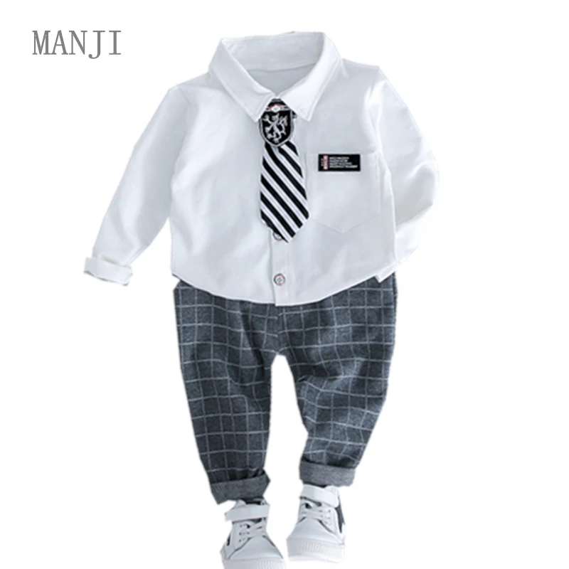 MANJI/комплекты одежды для мальчиков, рубашка с галстуком для детей 0-3 лет, осень, новая мода, отложной воротник, 18058, детская одежда, комплекты для малышей