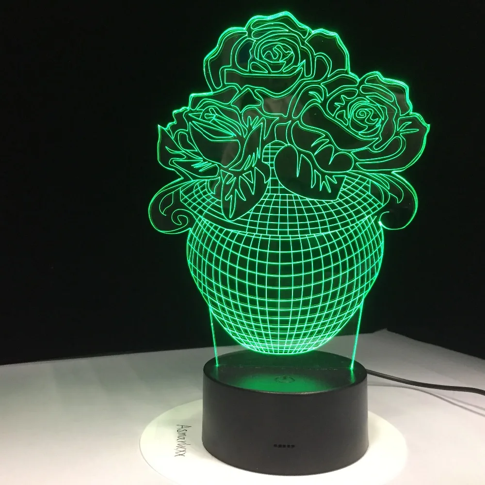 Ночник в виде вазы с 3D розами светодиодный Настольный светильник изменением 7