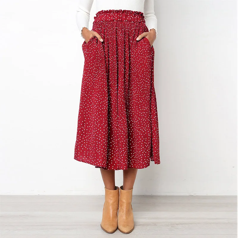 Юбка женская плиссированная средней длины элегантная белая в горошек и с