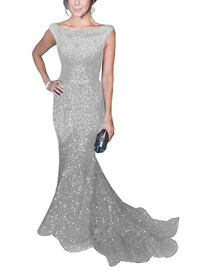 Solovedress ткань Кепки одежда в морском стиле с длинными рукавами с пайетками вечернее платье, с вырезом лодочкой, блестящие вечерние платья vestido de fiesta SLD-SLP9009 - Цвет: Silver