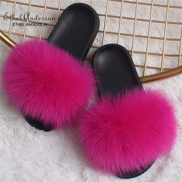 Rose Red Fox Fur Новинка года; шлепанцы с натуральным лисьим мехом; шлепанцы для дома и улицы; женские меховые сандалии; обувь на плоской подошве; - Цвет: Rose Red Fox Fur