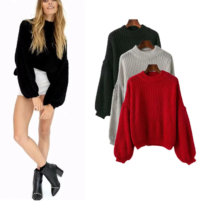 Women Knitted Pullovers Puff Sleeve Sweater Loose Knitting Red Female Autumn Winter Knitwear Casual Jumper WLD499 | Женская одежда