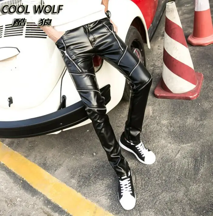 

Autumn winter velvet personality fashion motorcycle faux leather pants mens feet pants pu trousers for men pantalon homme