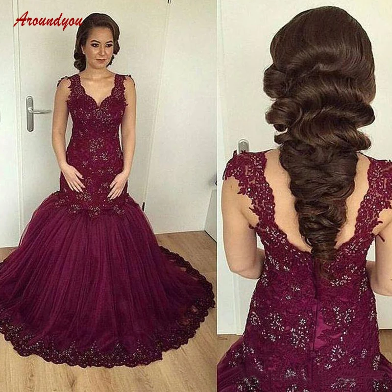 

Long Lace Mermaid Evening Dresses Party Plus Size Women Ladies Crystal Burgundy Beaded Sexy Prom Formal Dresses Evening Gown