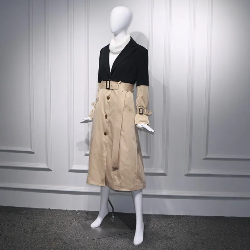 Осень Для женщин блейзер сращены лоскутное пальто Тренч с поясом Slim Fit элегантный