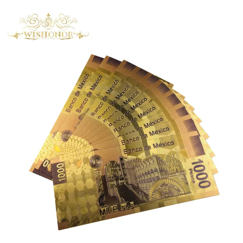 10 шт./лот новинка Мексиканский банк банкноты цветные золотые 1000 песо 24 k