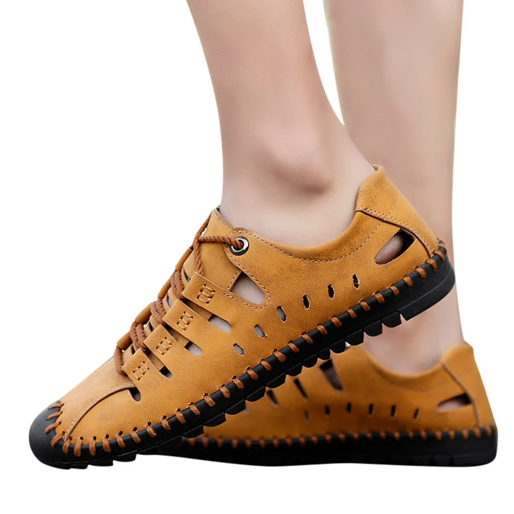 Мужские летние кожаные сандалии Повседневная дышащая пляжная обувь на плоской