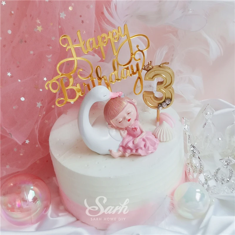Ins Swan Girl Decorations Diamond Crown Cake Toppers Happy Birthday Children's Day for Party Decoration Lovely Gift | Дом и сад