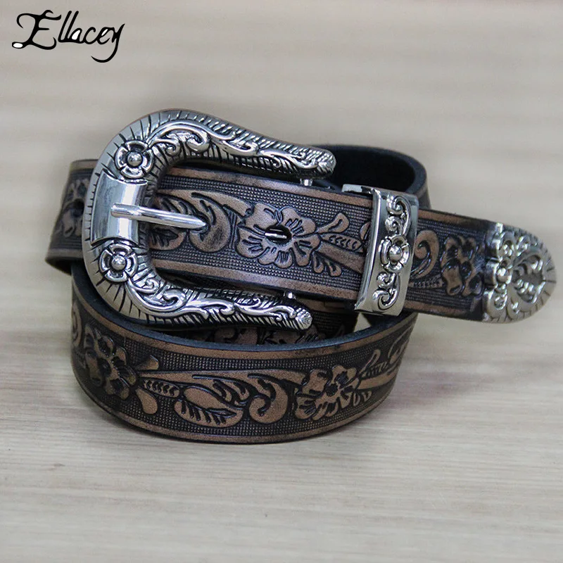 Punk Harajuku Cowskin Genuine Leather Belts for Women Floral Rose Carved Fashion Buckle Women's Belt Novelty Vintage Waist | Аксессуары