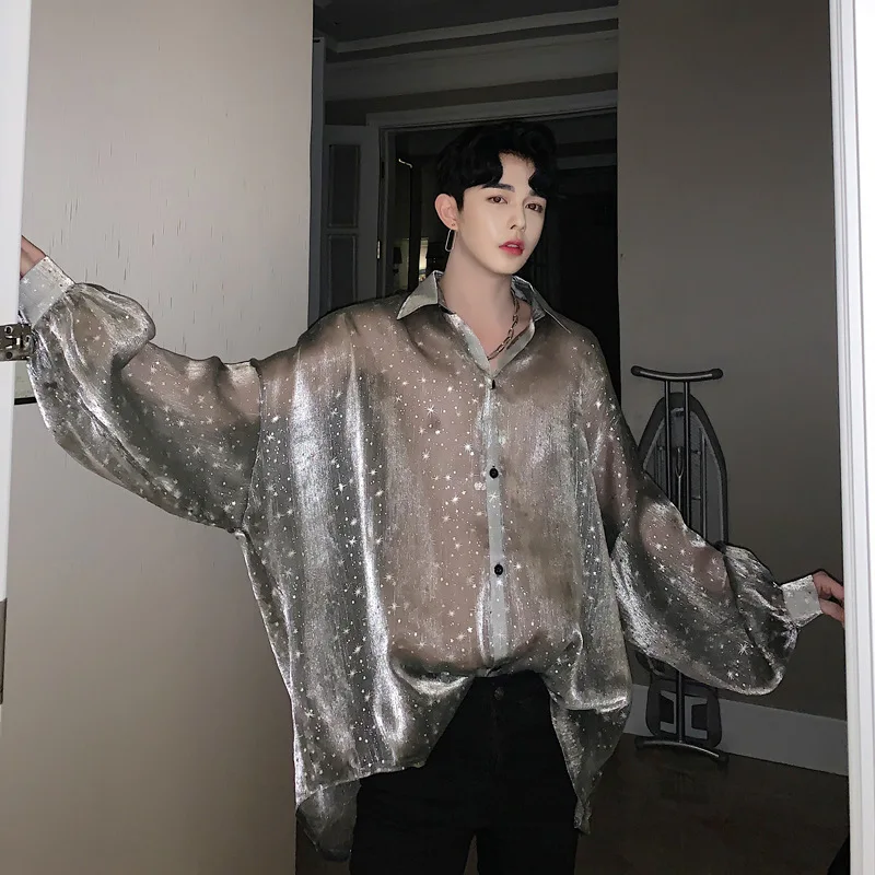 Spring Summer New Paper People Chic Heart Machine Shirt Men Loose Bat Sleeve Star Network Mesh Sunscreen Singer Tops | Мужская одежда